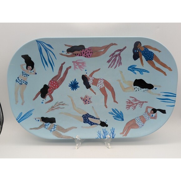 Prima Design Swim Print Bamboo Tray Melissa Wang Ocean Life Blue Summer Party - Picture 1 of 7